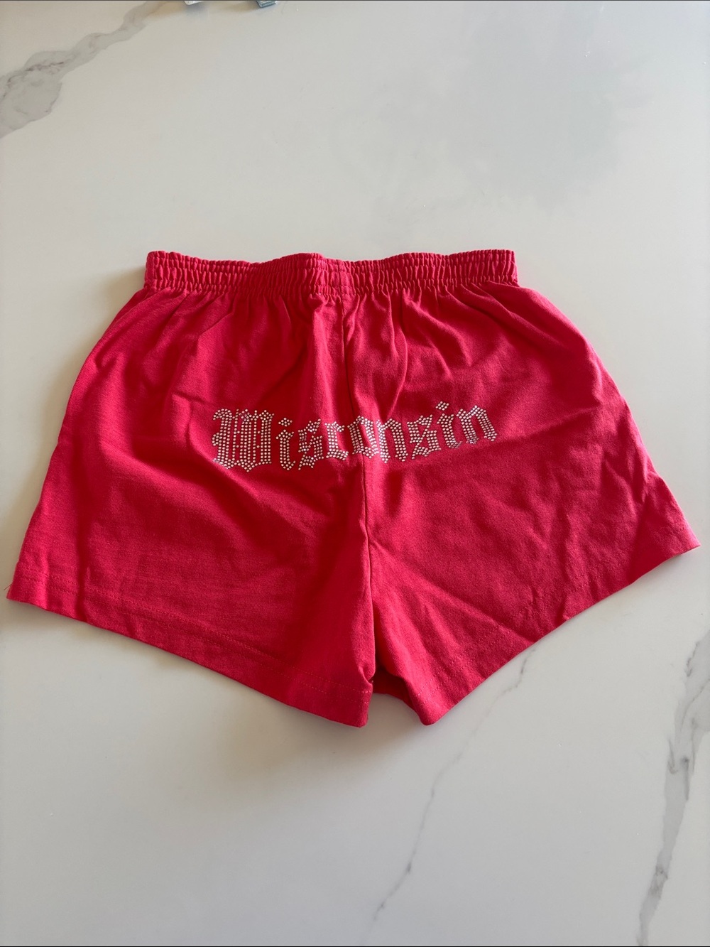 Wisconsin Rhinestone Logo red Women's Elastic Waist Shorts